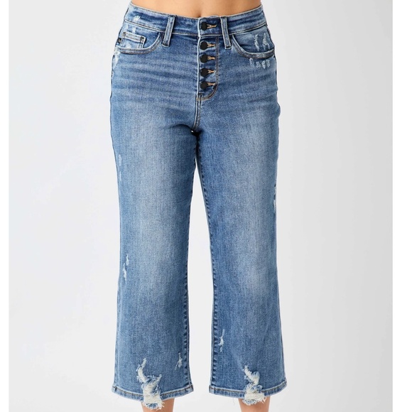 Judy Blue Roxanne Hi-Rise Button-Fly Distressed Hem Cropped Wide Leg Jeans - Picture 1 of 10